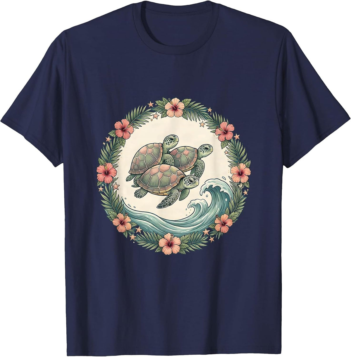 Baby Sea Turtles Hawaiian Ocean Wave Design T-Shirt - Navy Blue