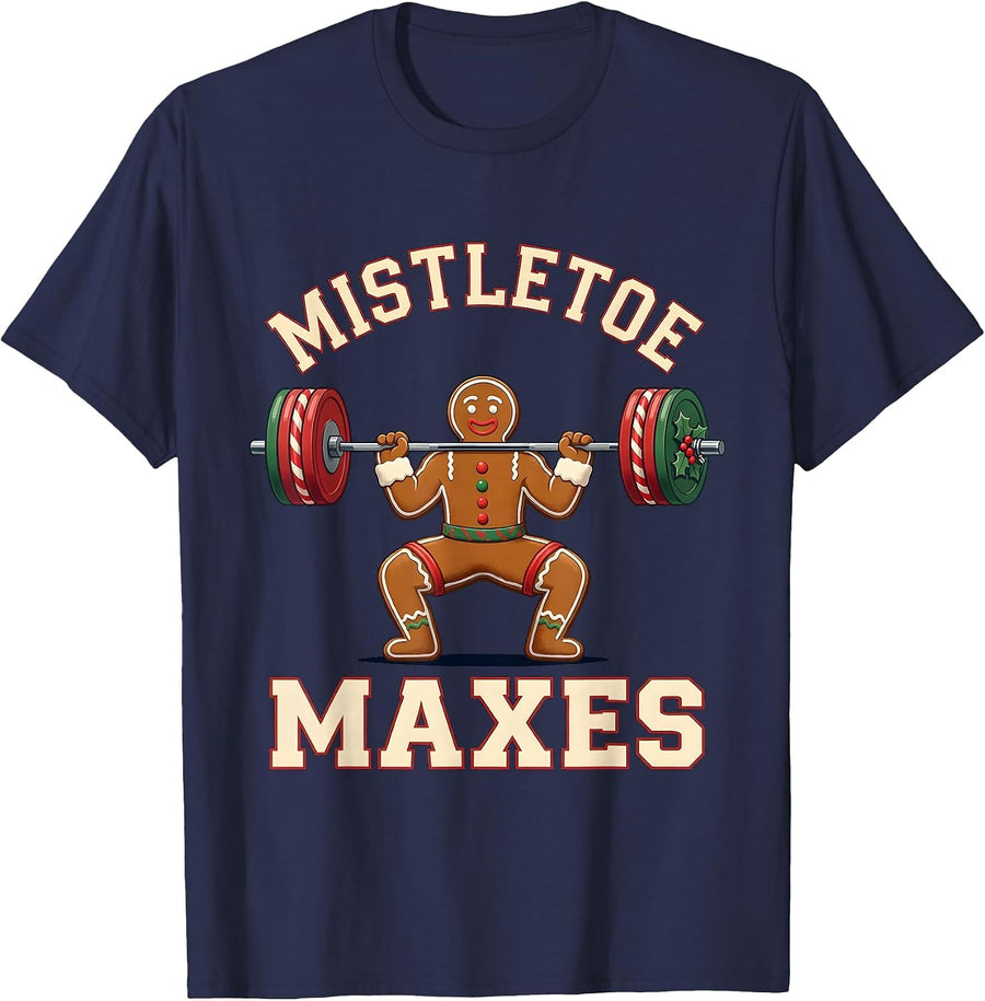 Mistletoe Maxes Funny Christmas Gym Weightlifting Humor T-Shirt - Navy Blue