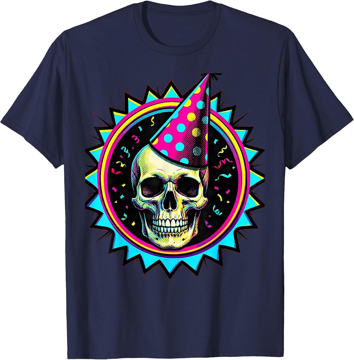 Skull Birthday Party Hat Grinning Celebration Design T-Shirt - Navy Blue