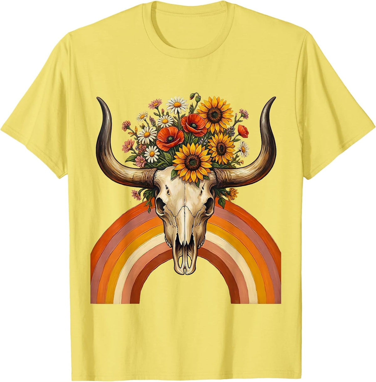 Men's Longhorn Skull Pastel Wildflowers Western Boho T-Shirt - Lemon Yellow