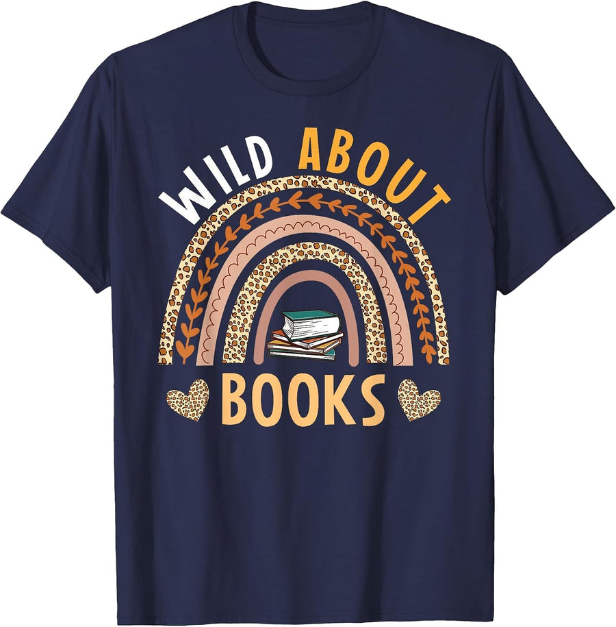 Wild About Books Leopard I Love Reading Book Lover T-Shirt - Navy Blue