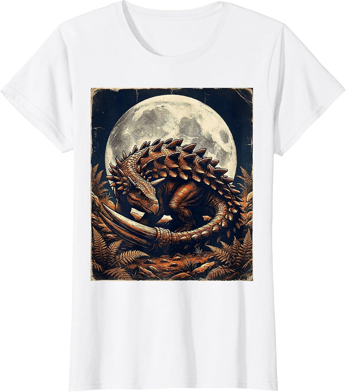 Ankylosaurus Moonlit Night Dinosaur Illustration T-Shirt - White