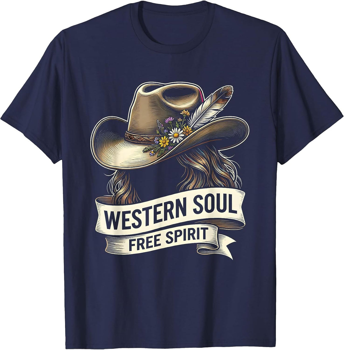 Western Soul Free Spirit Women's Boho Design T-Shirt - Navy Blue