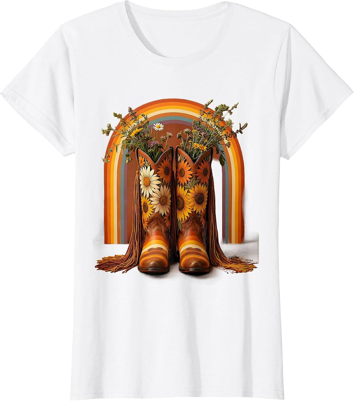 Women's Cowgirl Boots Wildflowers and Fringe Western Design T-Shirt - White