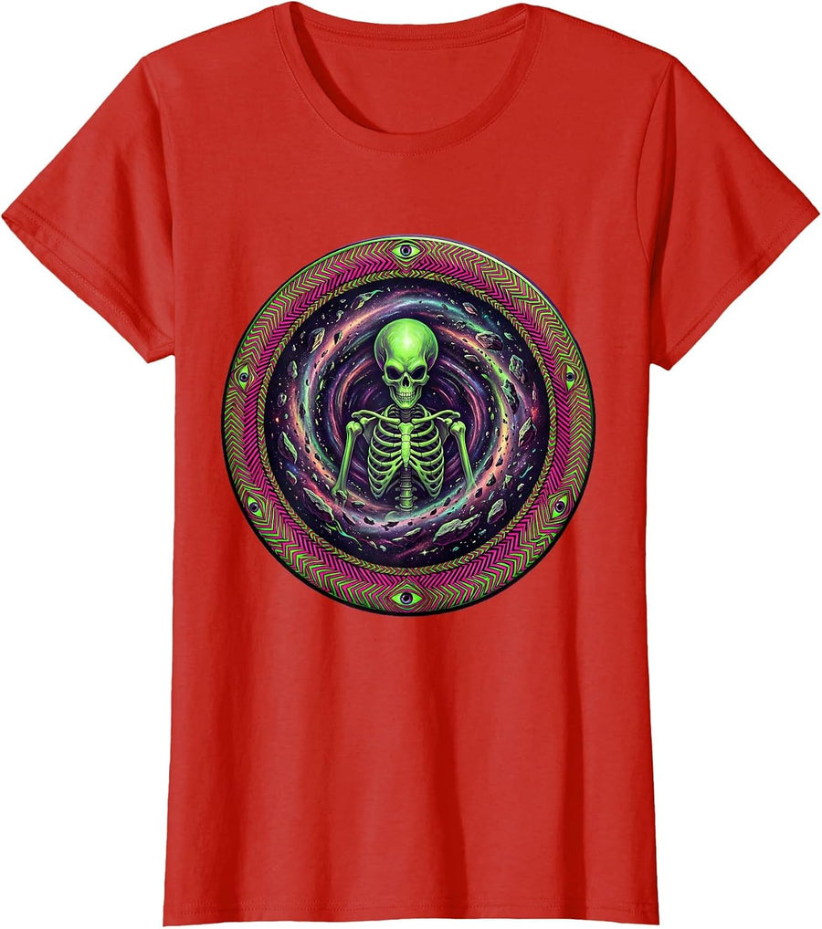 Women's Skeleton Alien Floating in Deep Space Debris T-Shirt - Red