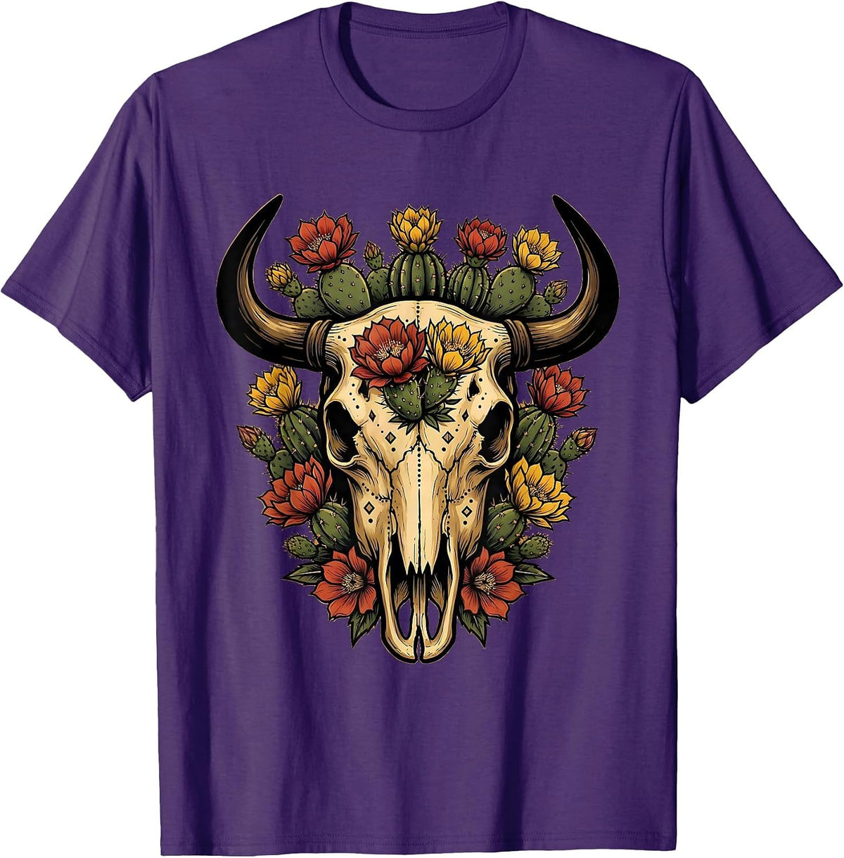 Men's Bull Skull Desert Flowers Western Boho Graphic Tee T-Shirt - Purple