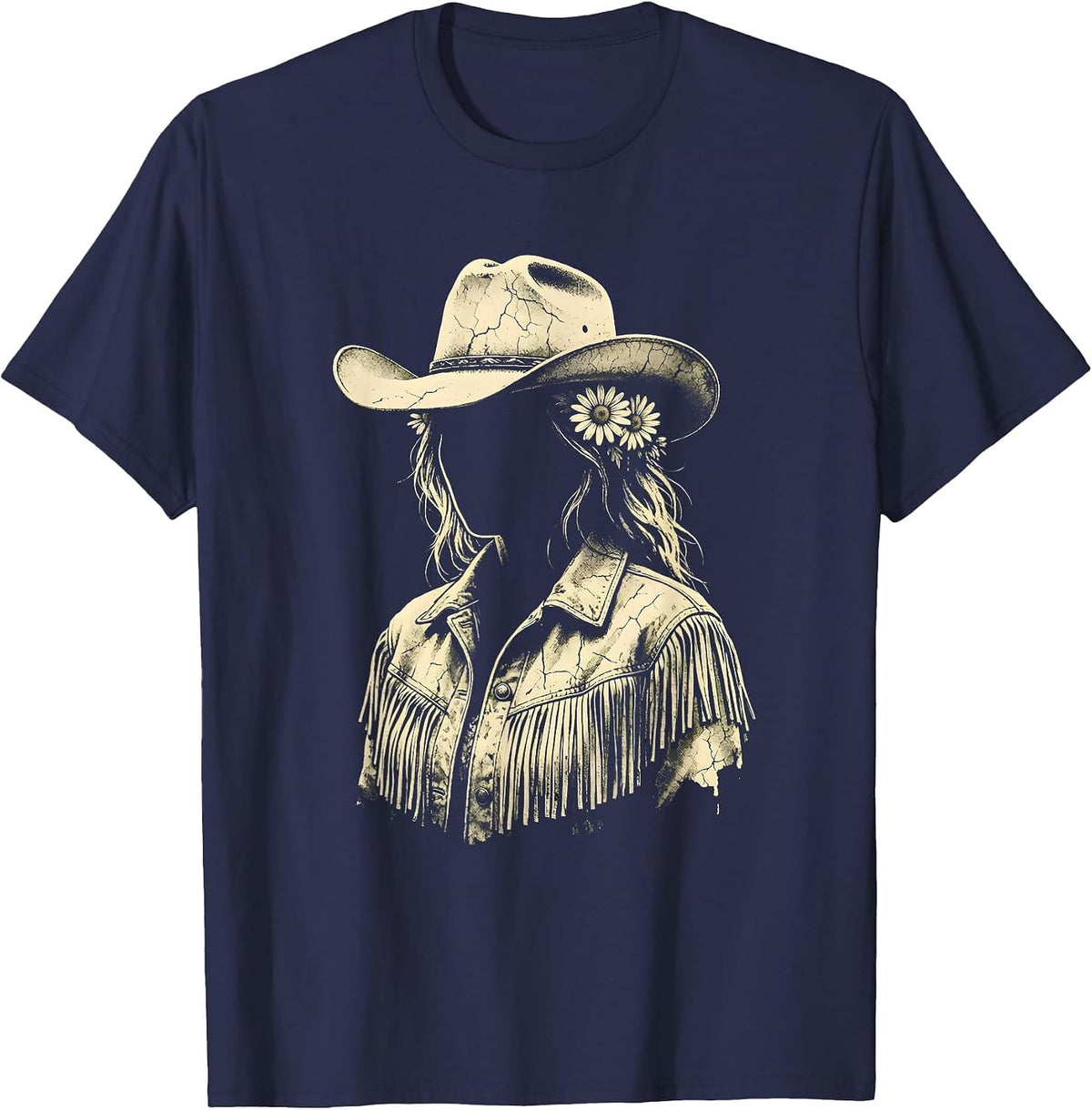 Western Girl Fringe Jacket Daisy Crown Illustration T-Shirt - Navy Blue