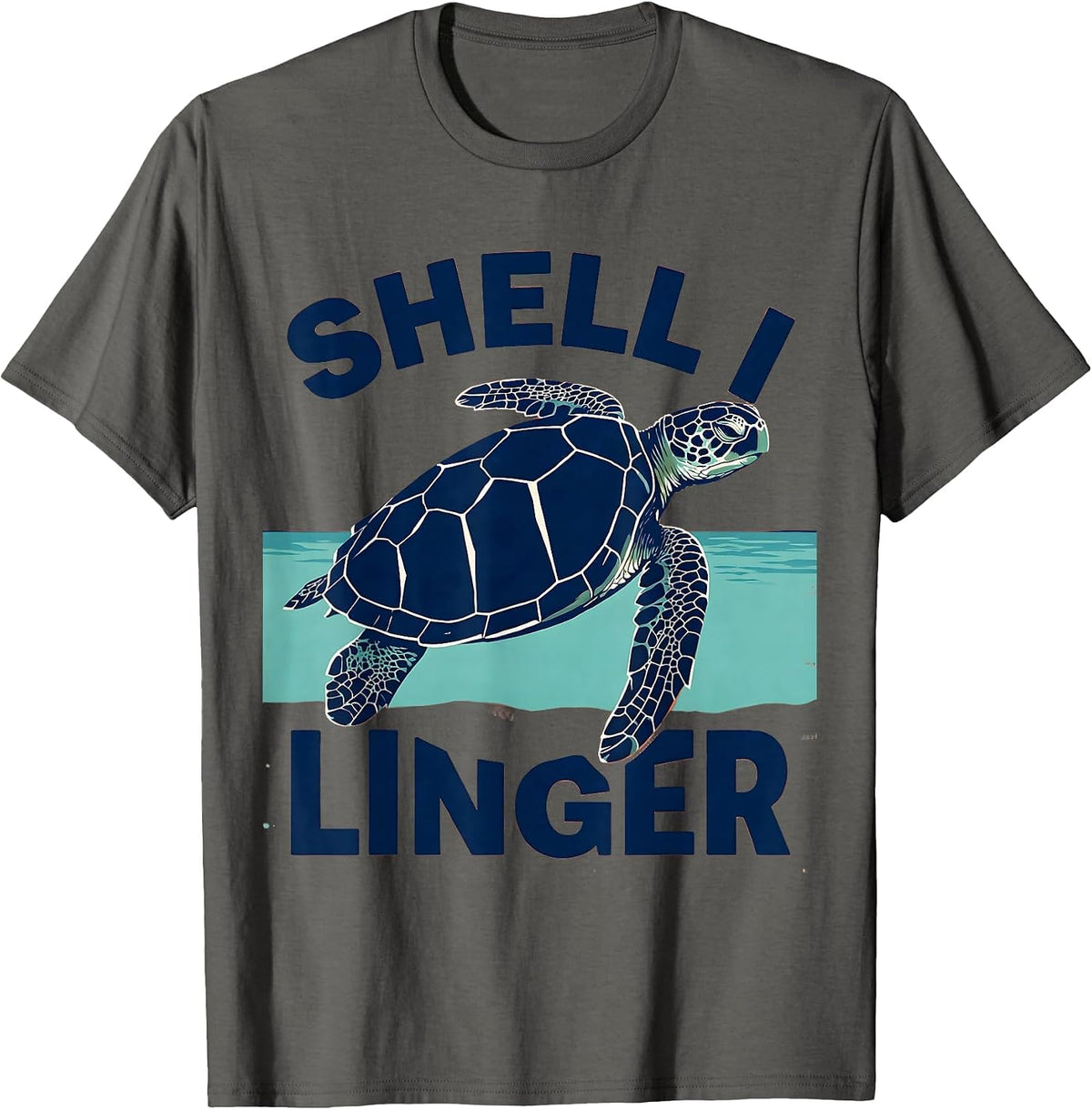 Shell I Linger Screenprint Sea Turtle Beach Souvenir T-Shirt - Asphalt Grey