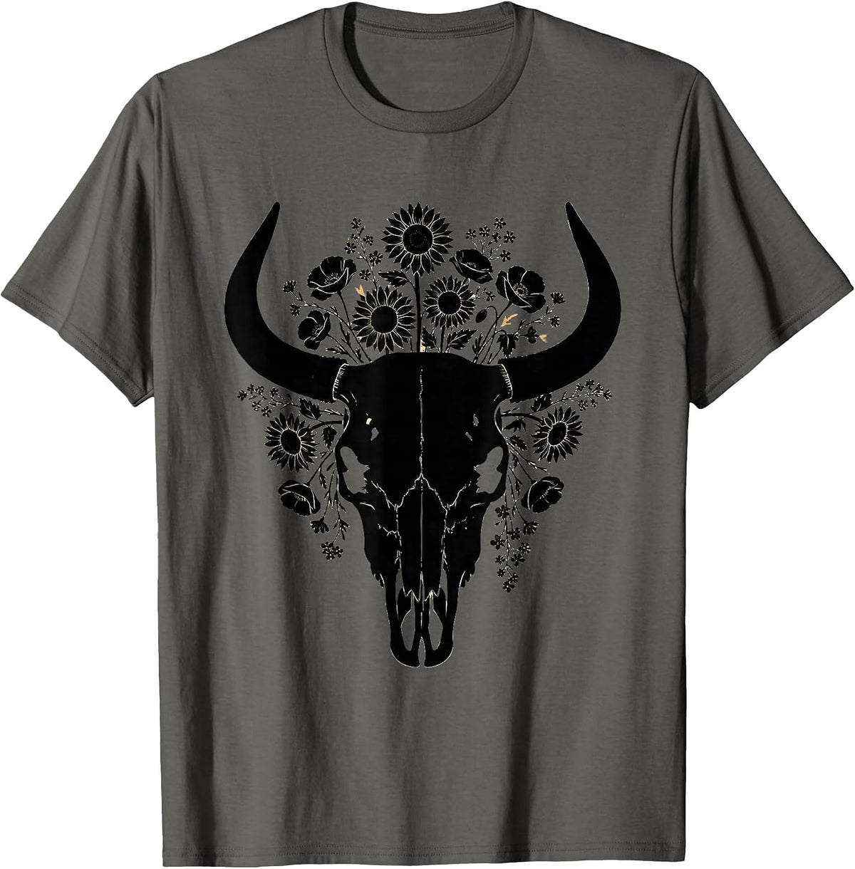 Men's Bull Skull Wildflowers Western Boho Graphic Tee T-Shirt - Asphalt Grey