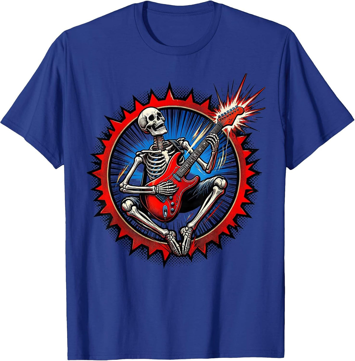 Skeleton Electric Guitar Player Rock Stage Graphic T-Shirt - Royal Blue