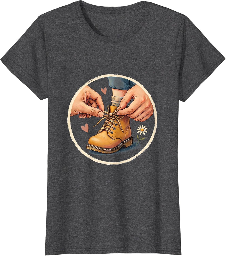 Women's Daycare Teacher Tying Shoelace Graphic T-Shirt - Dark Heather Grey