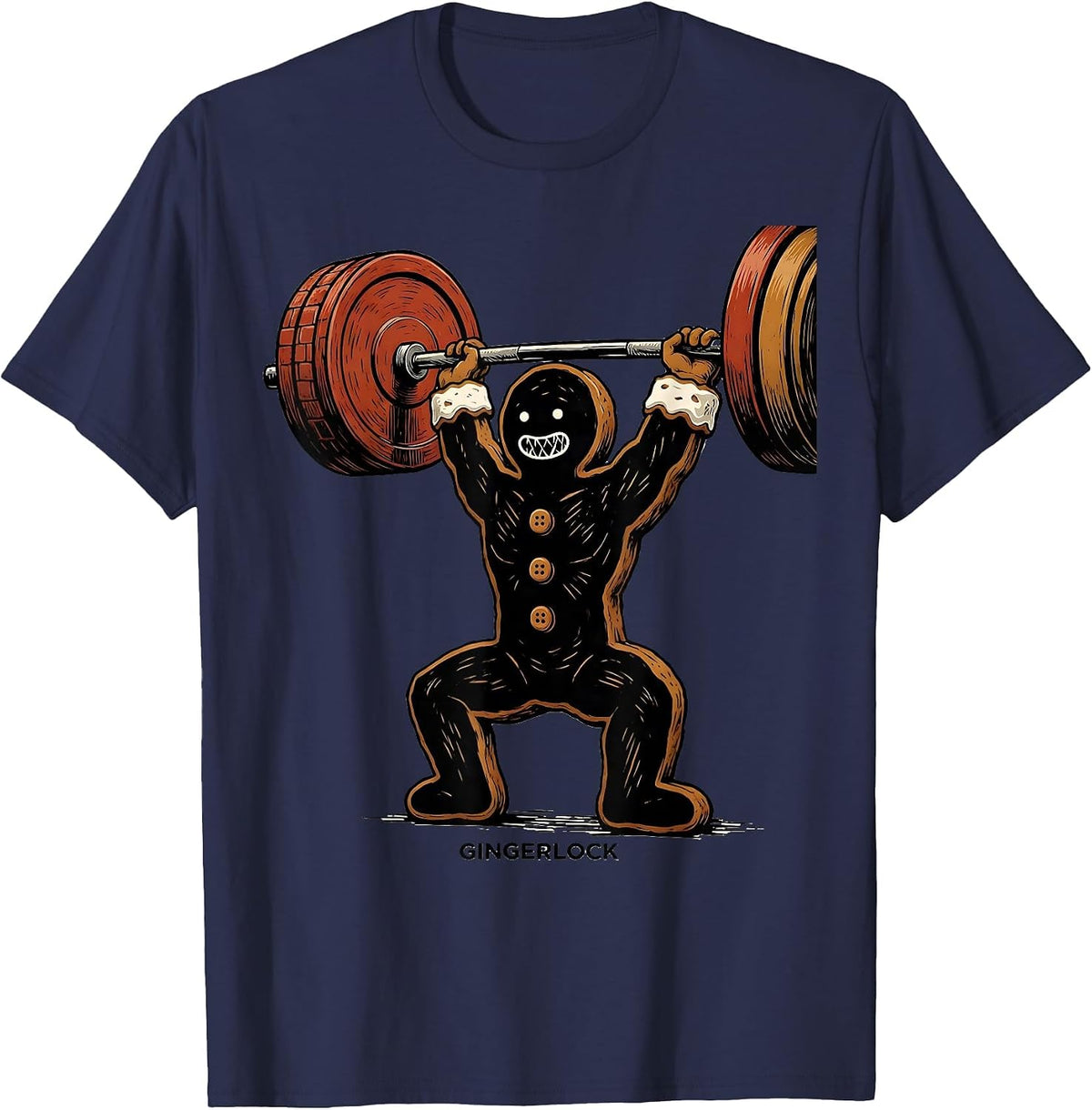 Men's Gingerlock Linocut Gingerbread Man Gym Weightlifting T-Shirt - Navy Blue