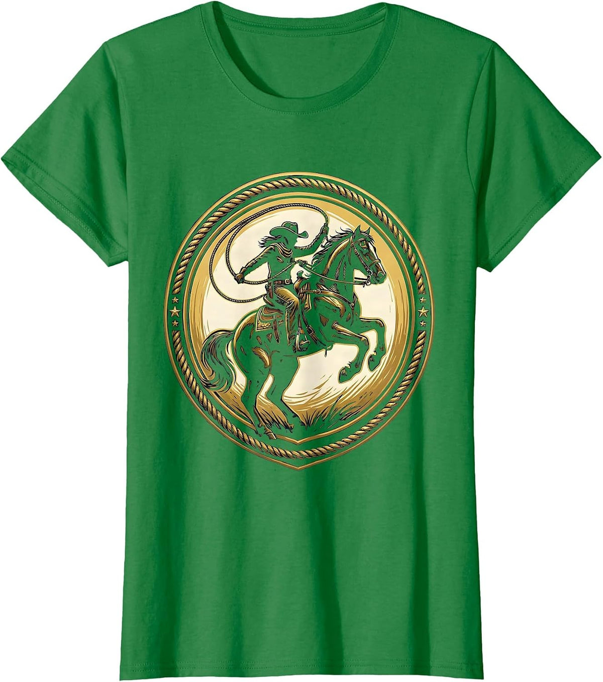 Women's Cowgirl Rope Trick Horseback Western Rodeo Art T-Shirt - Kelly Green
