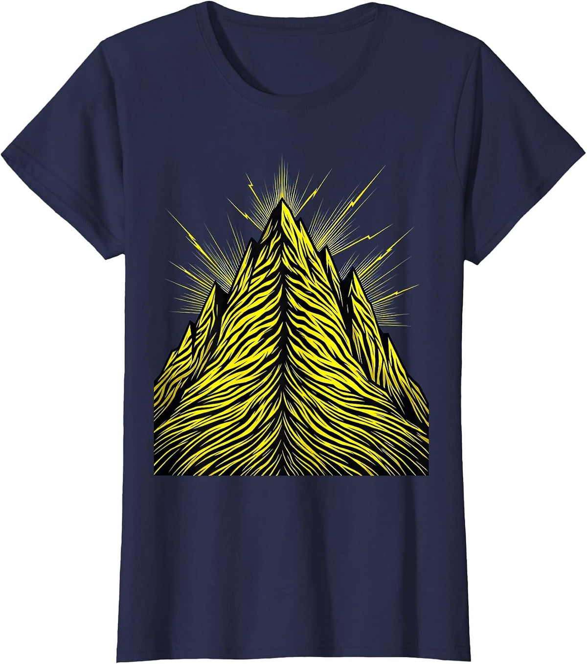 Women's Black and Yellow Lightning Storm Mountain Graphic T-Shirt - Navy Blue