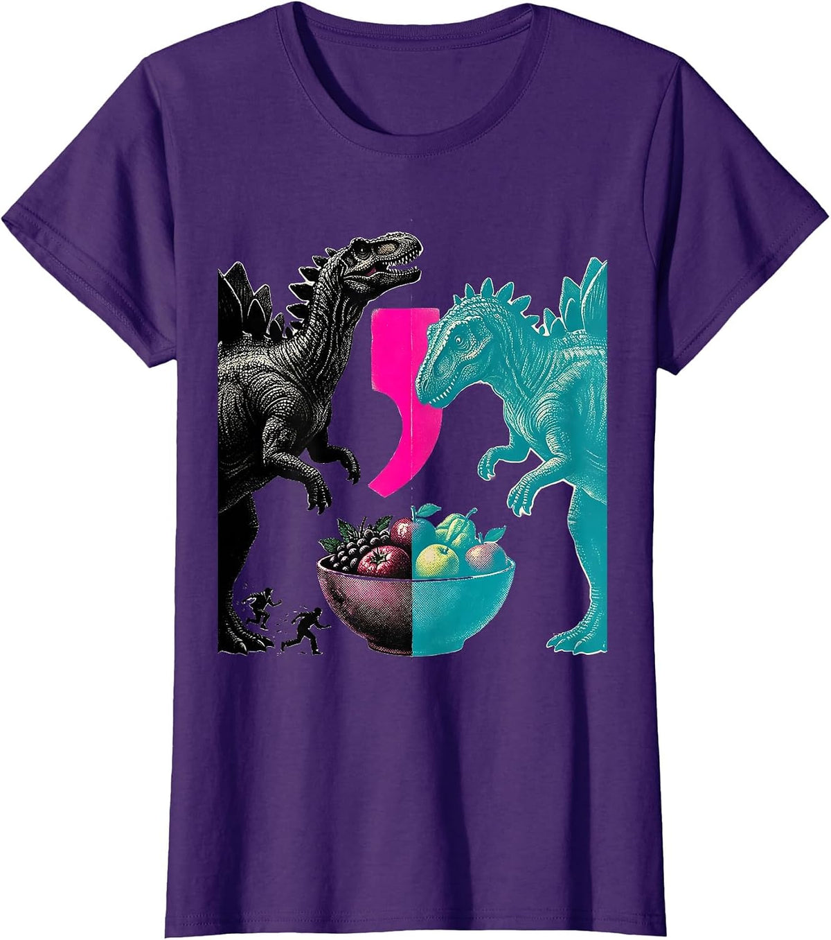 Women's Mirrored Stegosaurus Risograph Grammar Teacher Punctuation T-Shirt - Purple