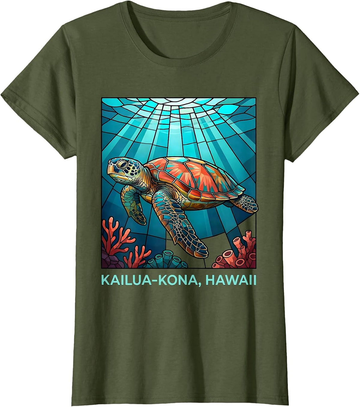 Women's Kailua-Kona, Hawaii Stained Glass Mosaic Sea Turtle Souvenir T-Shirt - Olive Green