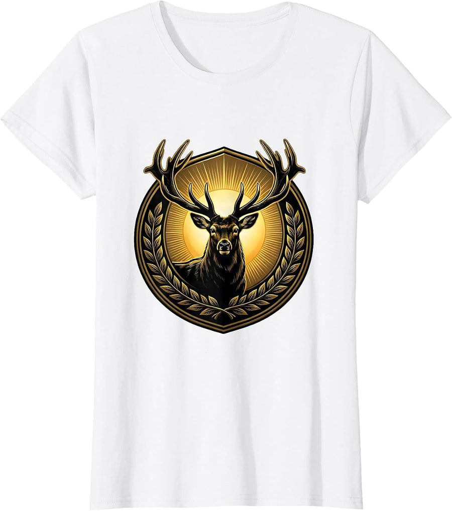 Women's Buck Deer Silhouette Rising Sun Hunting Design T-Shirt - White