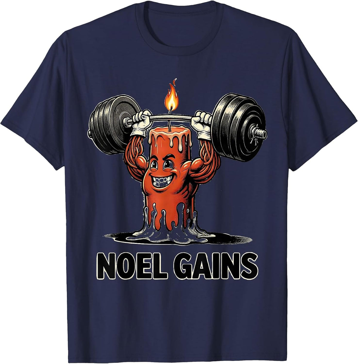 Men's Noel Gains Retro Cartoon Funny Christmas Gym Weightlifting T-Shirt - Navy Blue