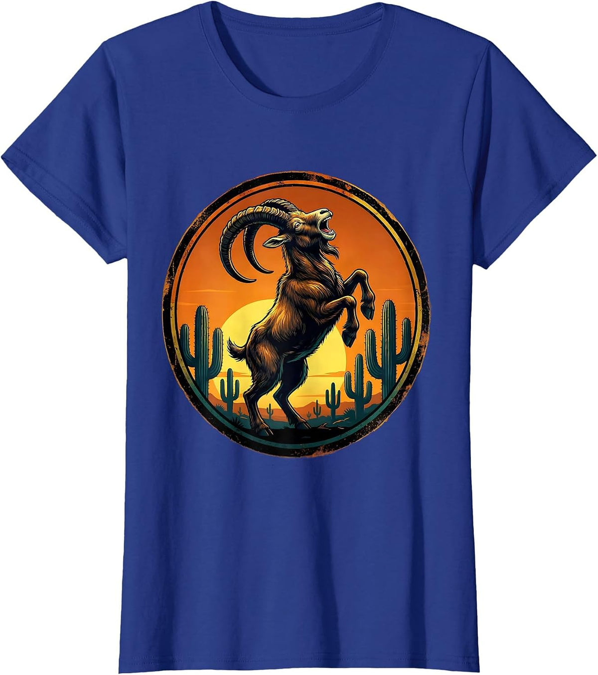 Women's Wild Goat Howling at Desert Sunset Sky T-Shirt - Royal Blue