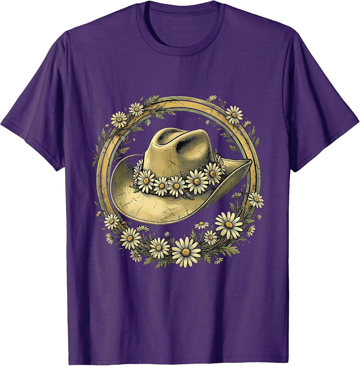Cowgirl Hat Daisy Chain Western Floral Design T-Shirt - Purple