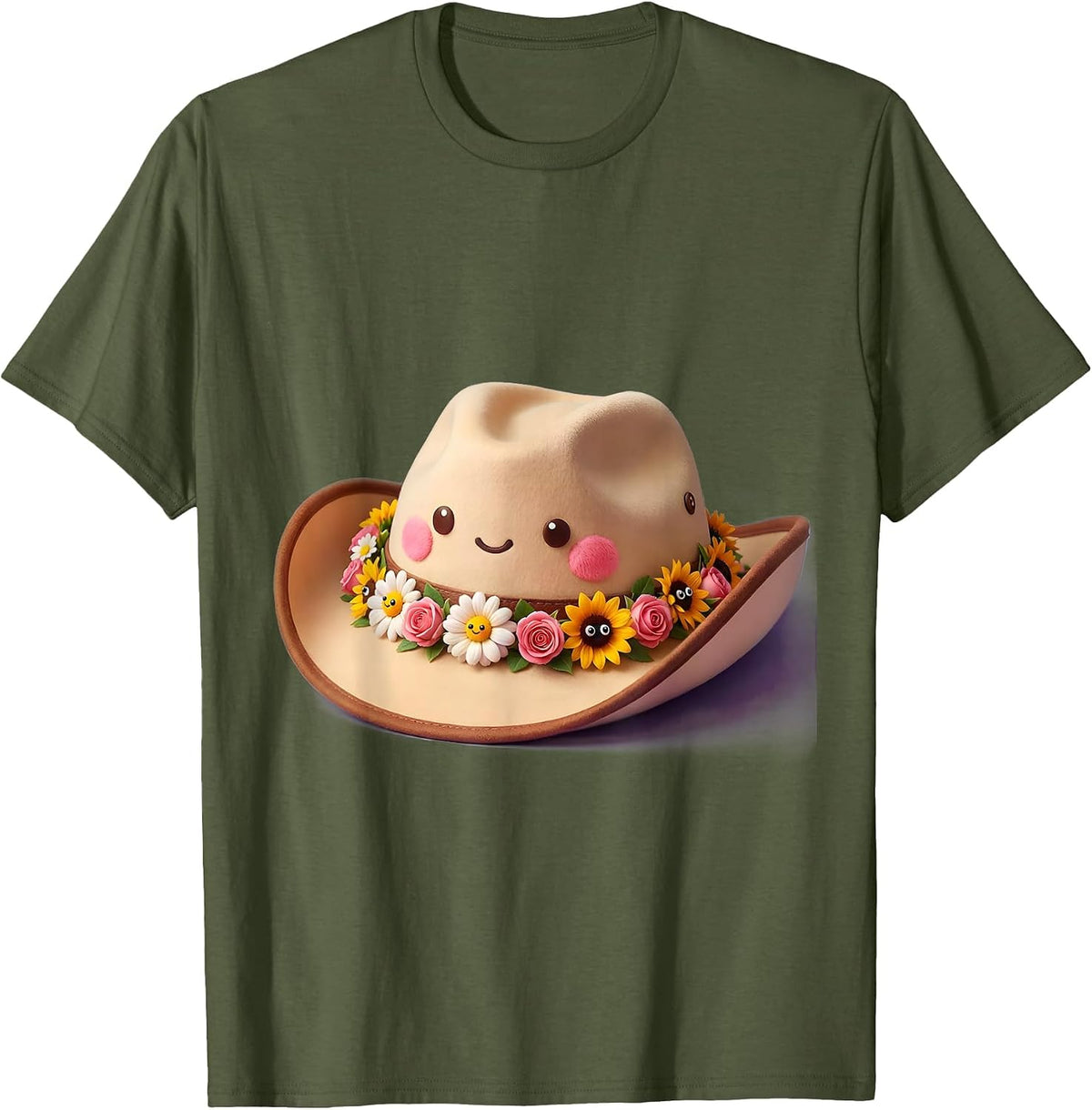 Floral Cowgirl Hat Wildflower Western Design T-Shirt - Olive Green