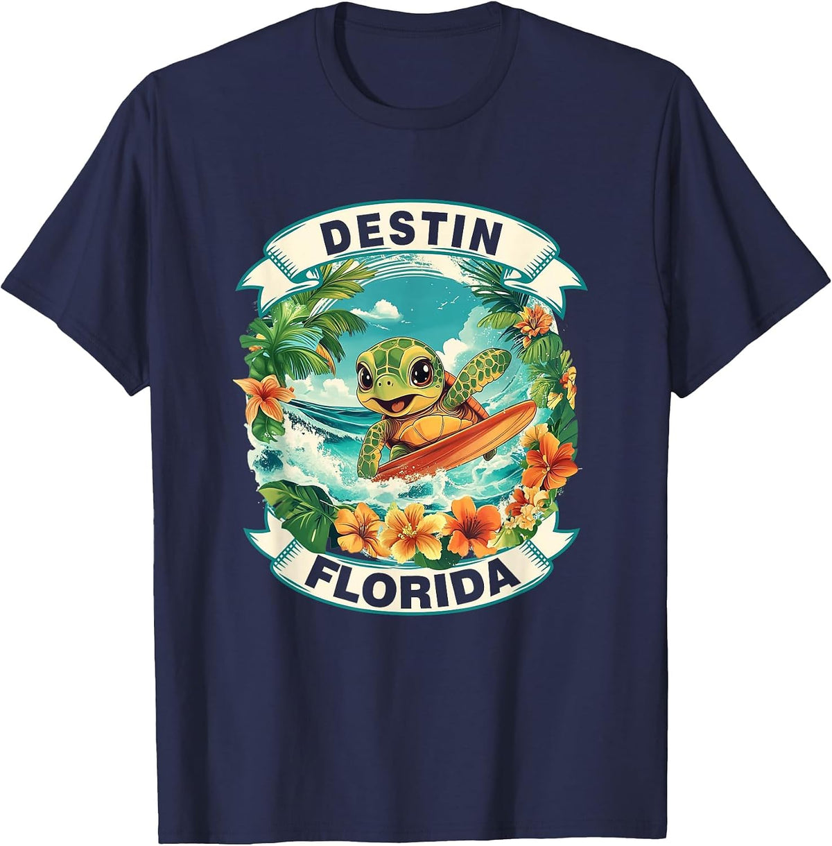 Destin Florida Cute Sea Turtle Surfing Summer Vacation T-Shirt - Navy Blue