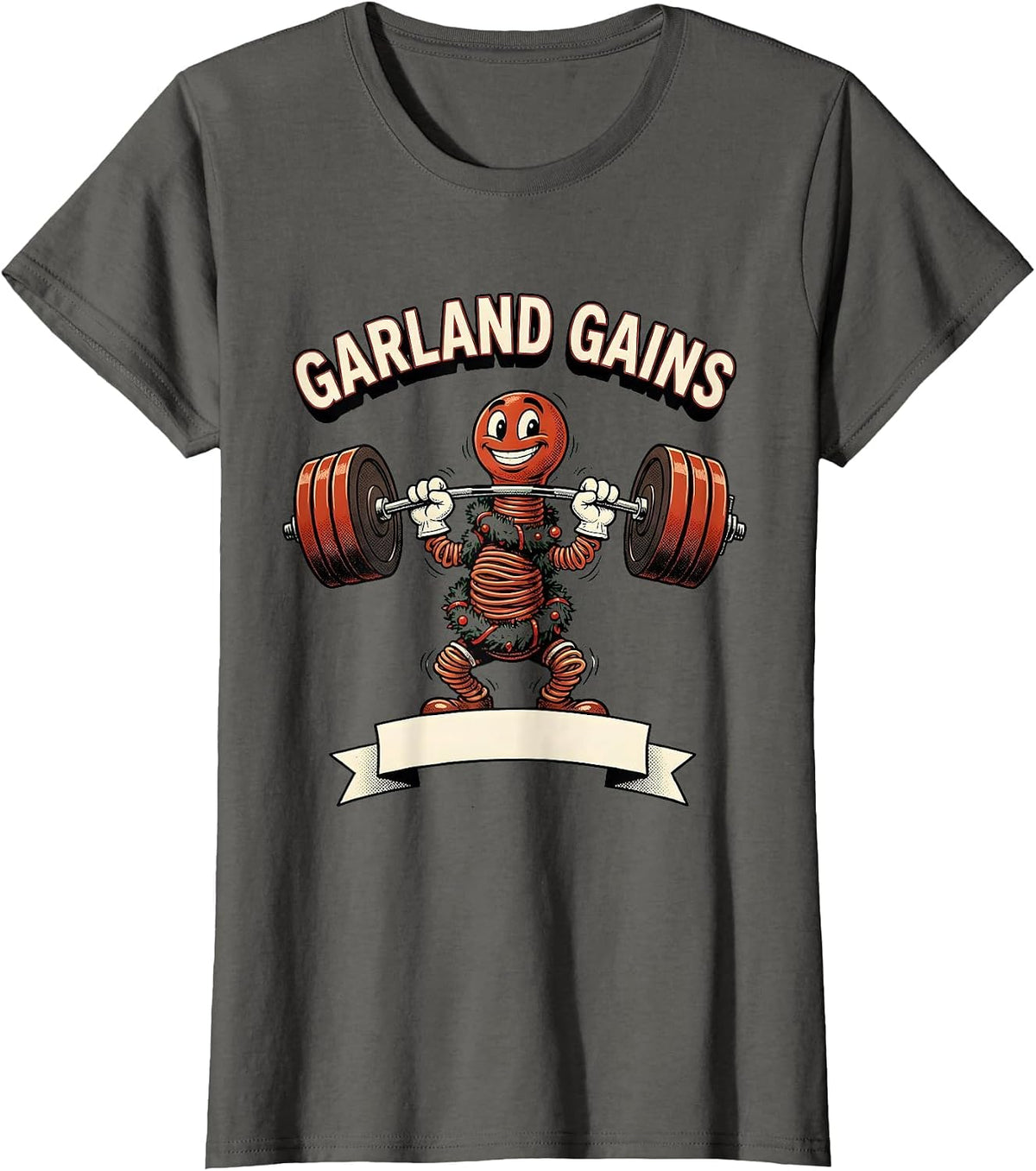 Women's Garland Gains Retro Cartoon Funny Christmas Gym Fitness T-Shirt - Asphalt Grey