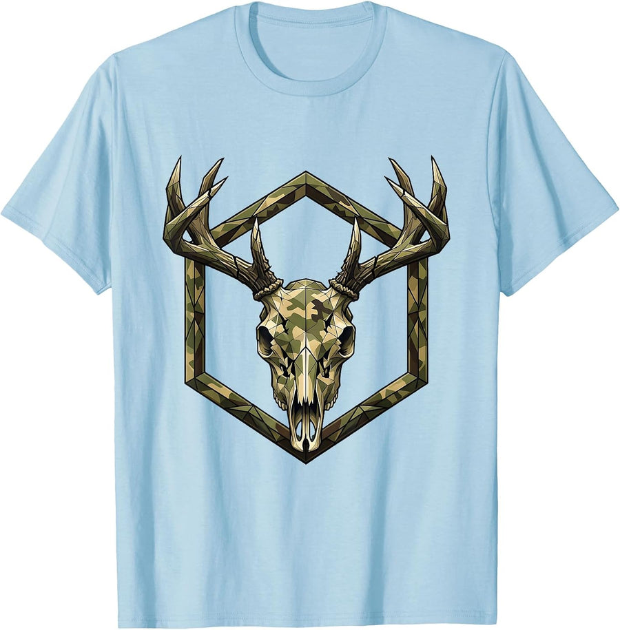 Men's Deer Skull Camo Paint Pattern Hunting Design T-Shirt - Baby Blue