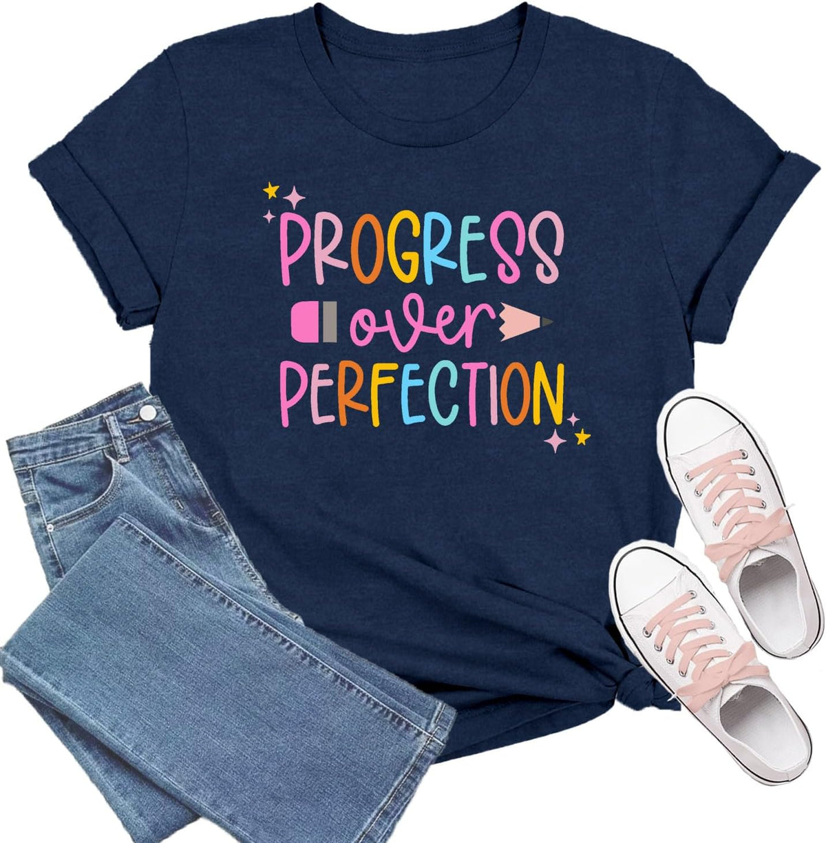 Teacher Shirts for Women Teaching T-Shirt Progress Over Perfection Tee Tops - Blue