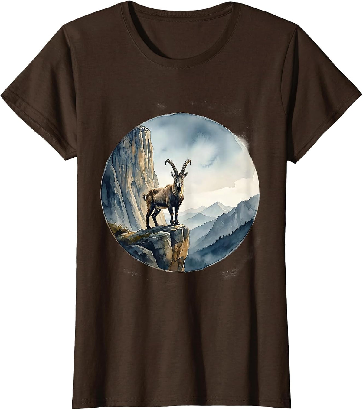 Women's Be Still Mountain Goat Cliff Ledge Illustration T-Shirt - Brown