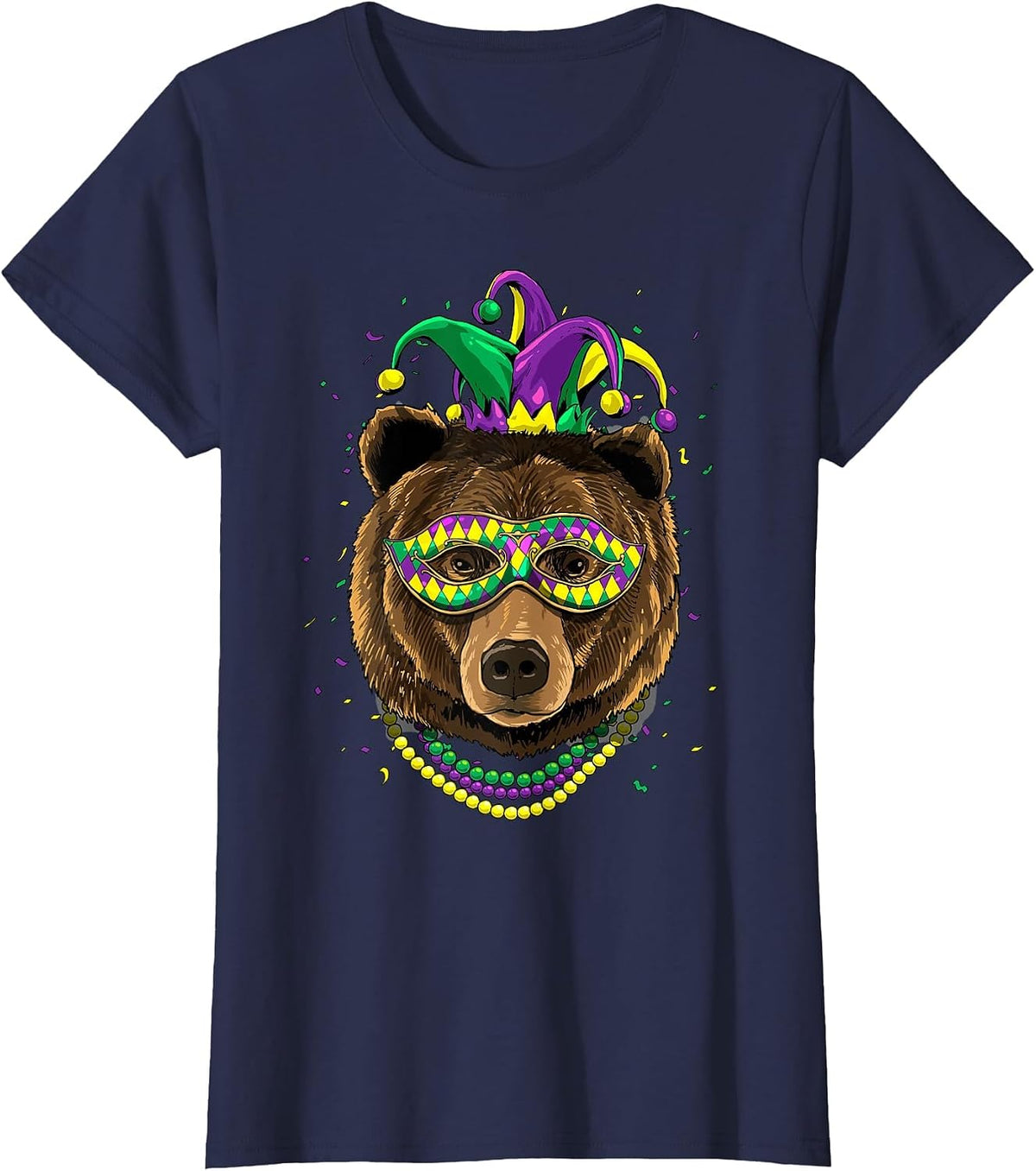 Bear Animal Lover Cute Mardi Gras Carnival Jester T-Shirt, Women, Navy Blue, Small - As Pictured