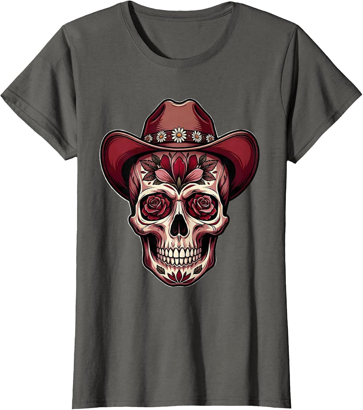 Women's Floral Skull Cowboy Hat Western Graphic Design T-Shirt - Asphalt Grey