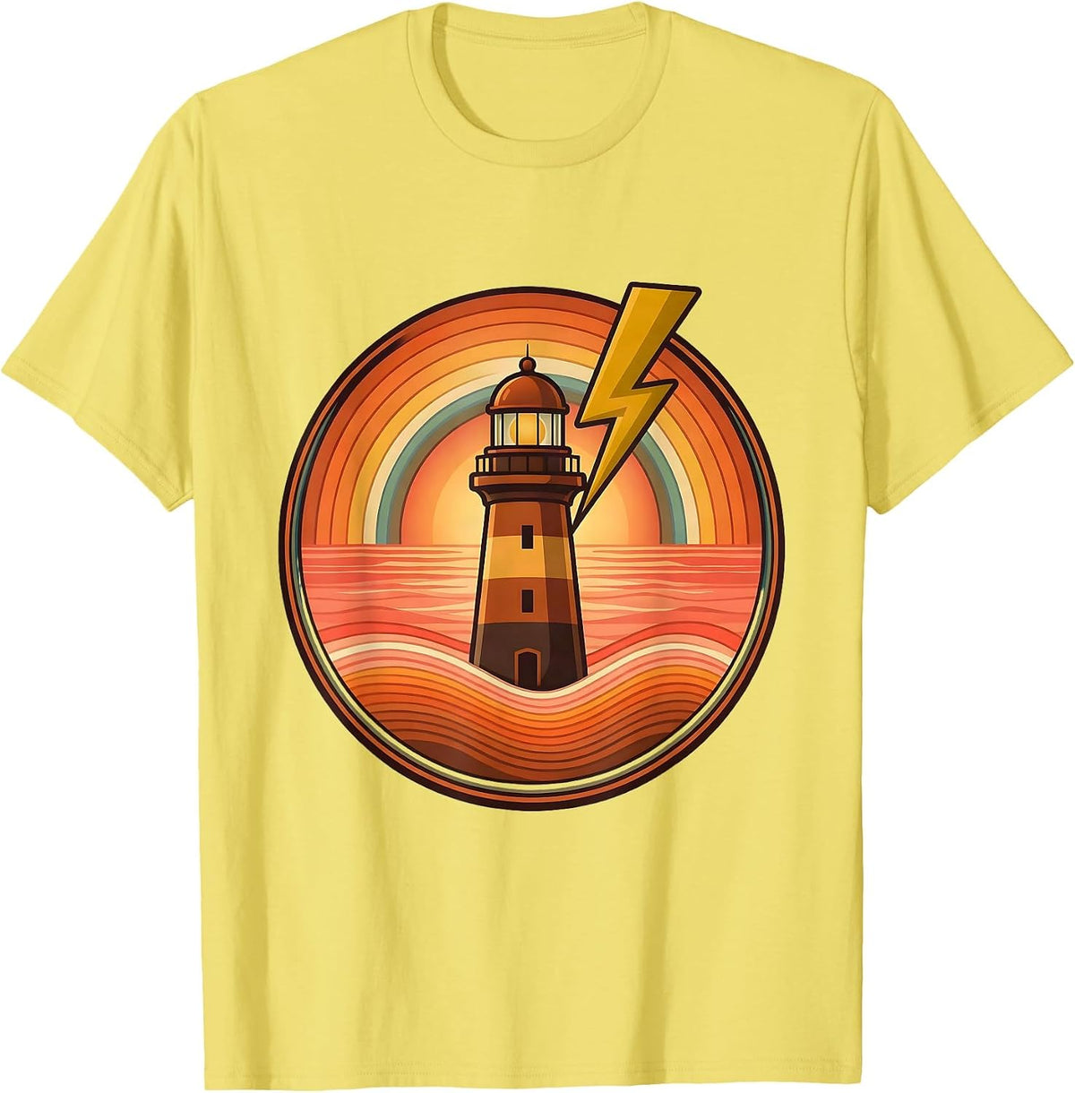 Men's Gulf Coast Lighthouse Lightning Storm Illustration T-Shirt - Lemon Yellow