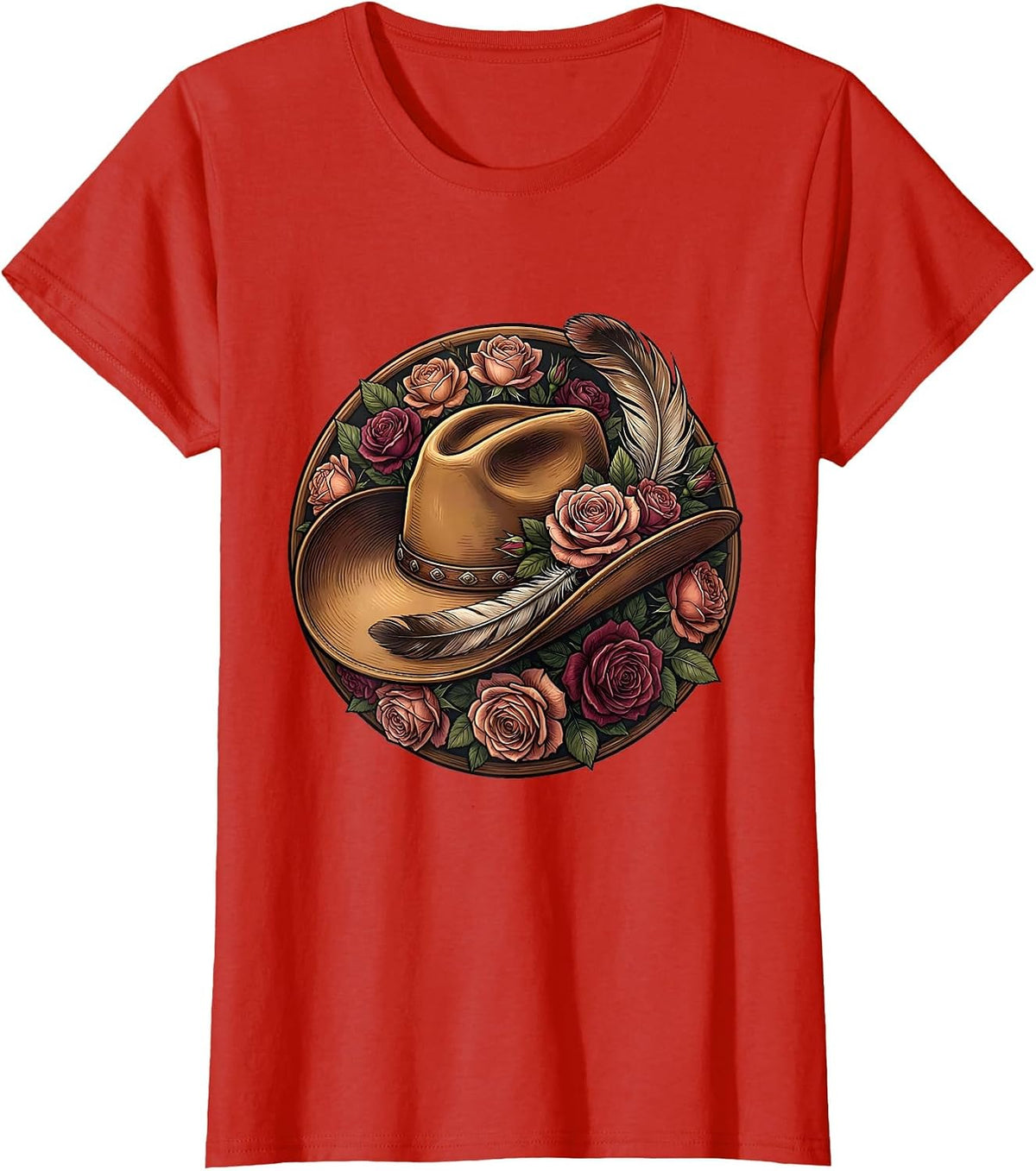 Women's Cowgirl Hat Feather and Roses Rodeo Design T-Shirt - Red