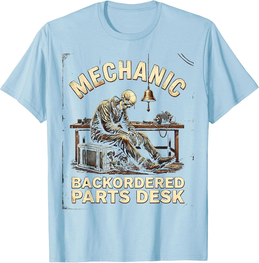 Men's Mechanic Backordered Parts Desk Vintage Auto Repair Skeleton T-Shirt - Baby Blue