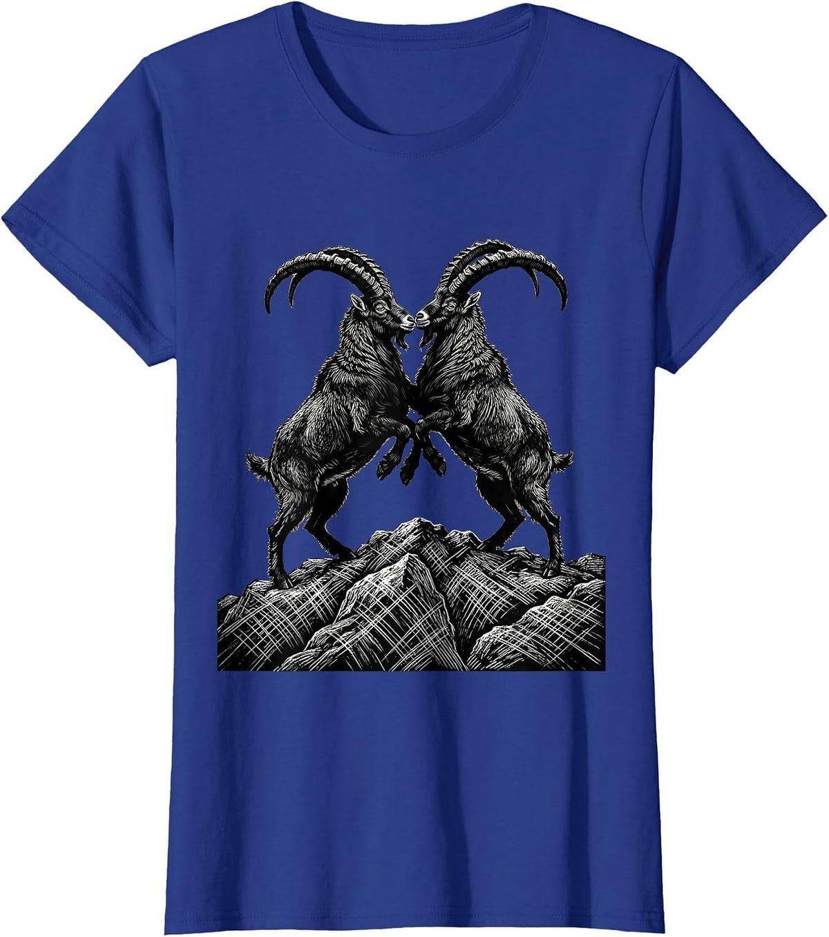 Women's Two Goats Locking Horns on a Hilltop Graphic T-Shirt - Royal Blue