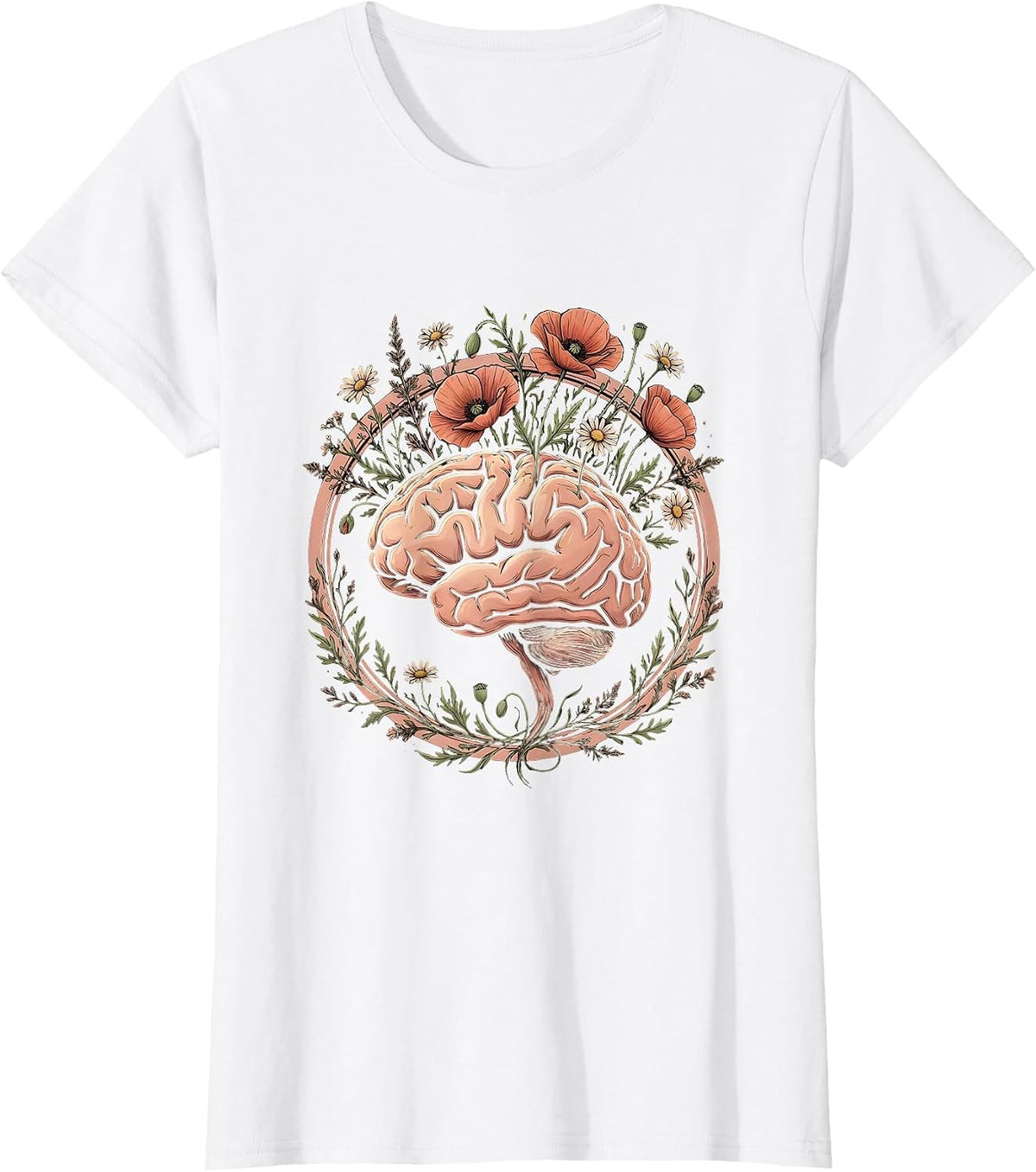 Women's Blooming Brain Mental Health Floral Graphic Tee T-Shirt - White