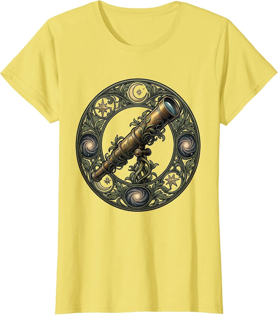 Renaissance Stargazer Telescope Night Sky Design T-Shirt - Lemon Yellow