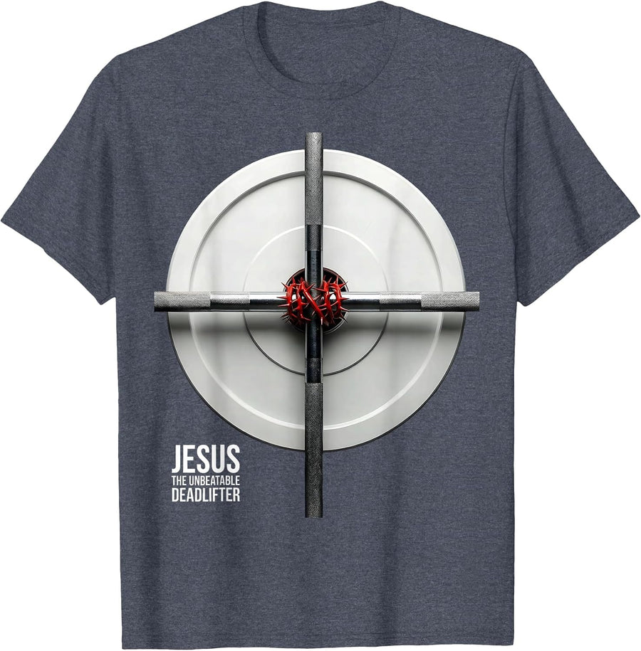 Jesus The Unbeatable Deadlifter Funny Christian Gym T-Shirt - Heather Blue