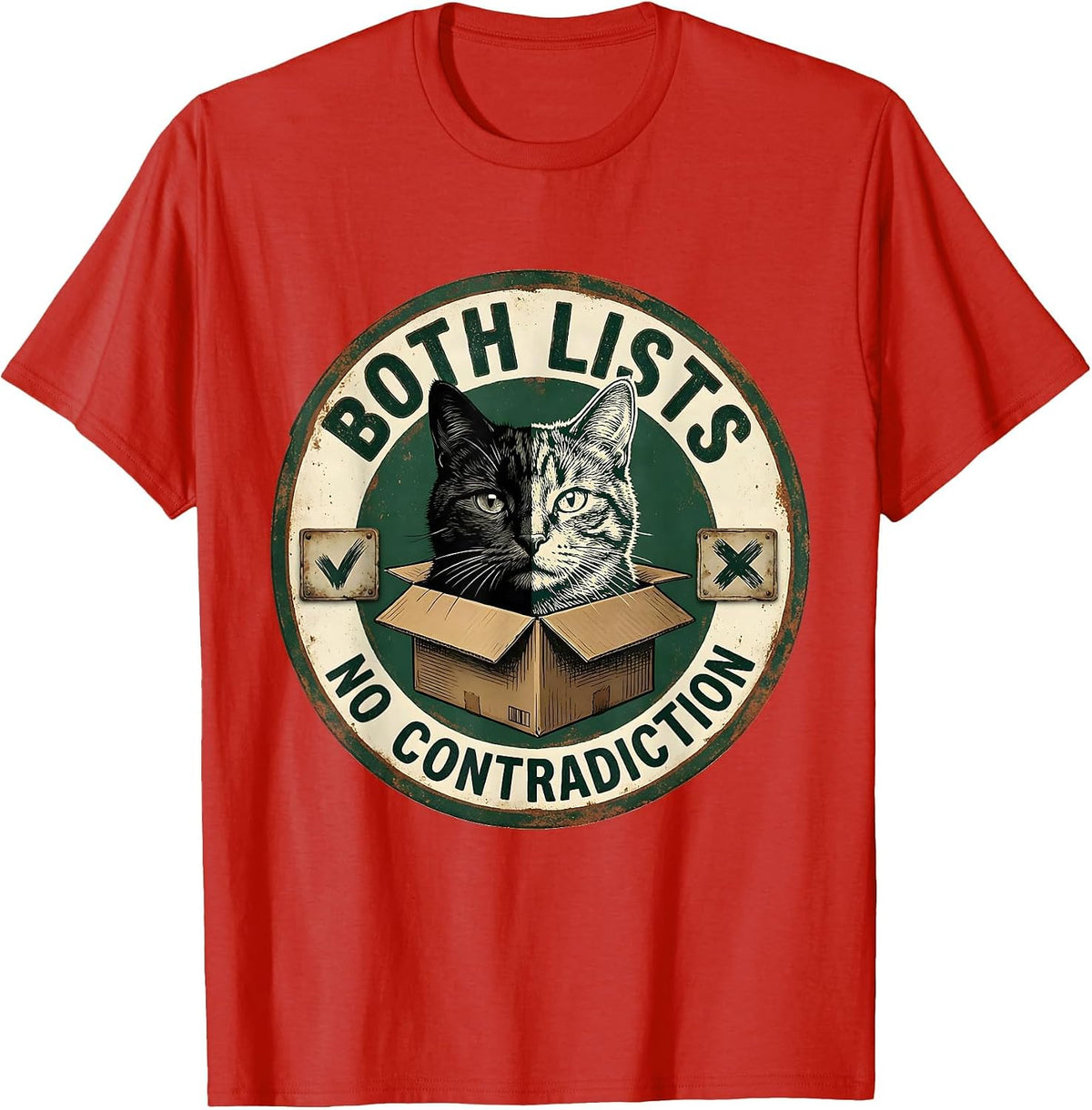 Men's Both Lists No Contradiction Vintage Science Cat Quantum T-Shirt - Red