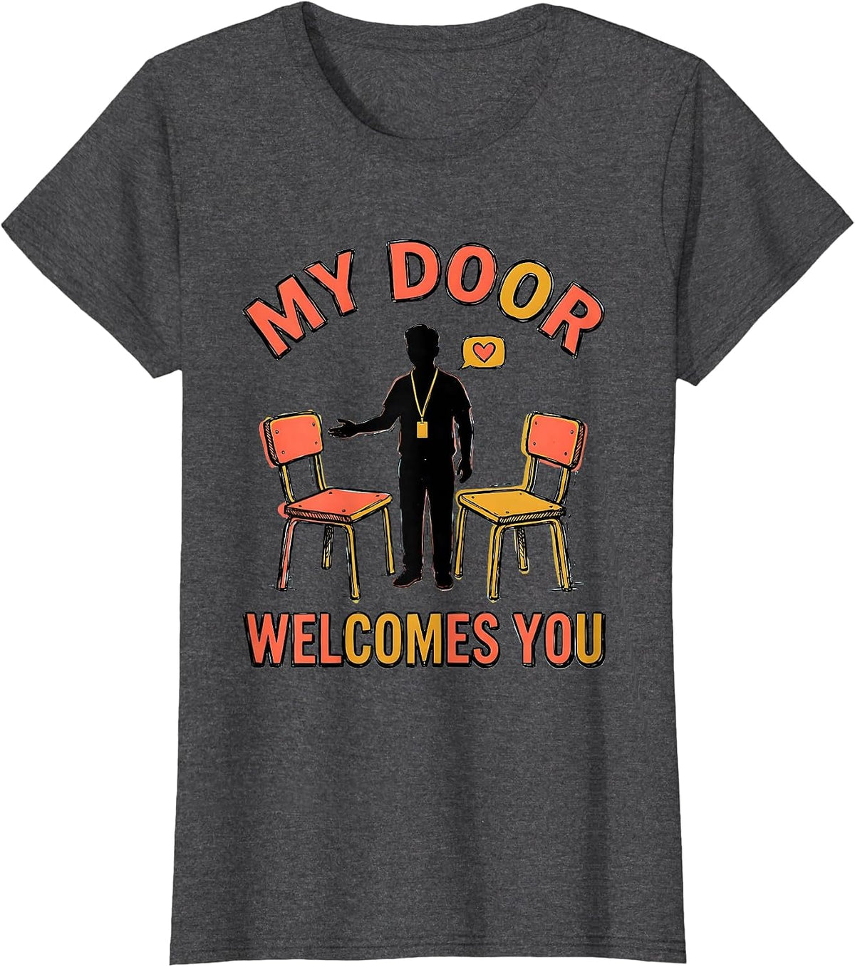 Women's My Door Welcomes You Groovy Retro School Counselor T-Shirt - Dark Heather Grey