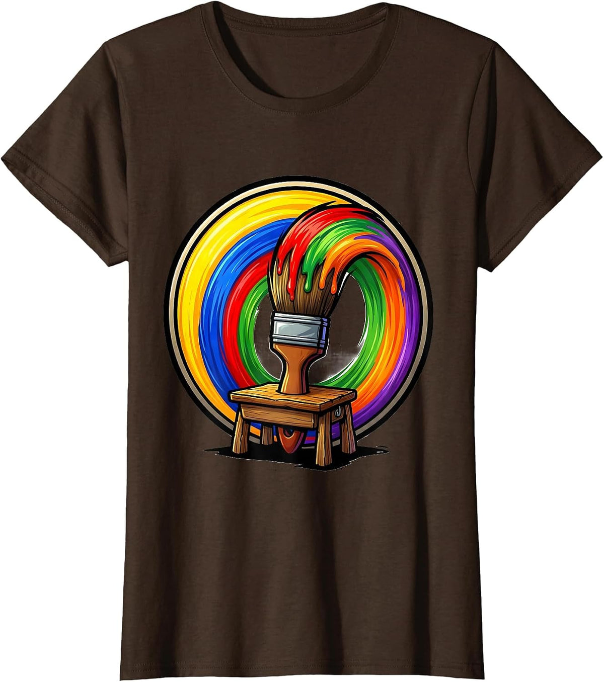 Women's PreK Teacher Paintbrush Rainbow Classroom Art T-Shirt - Brown