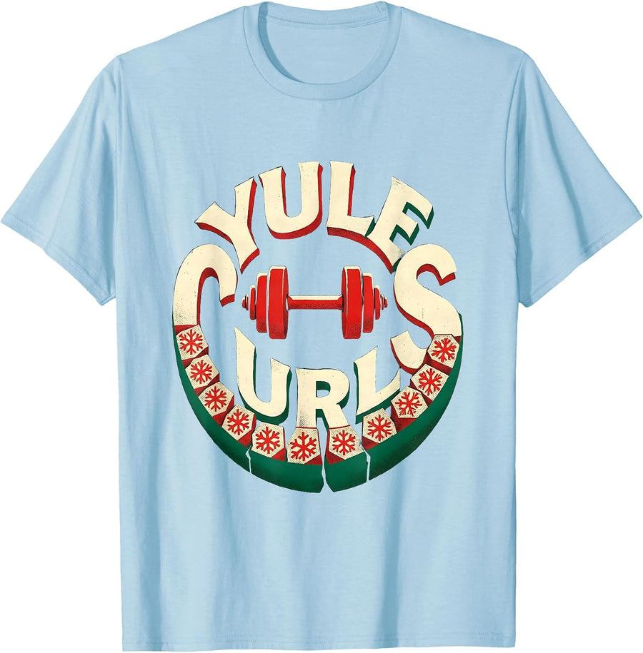 Men's Yule Curls Funny Christmas Gym Weightlifting Fitness Pun T-Shirt - Baby Blue
