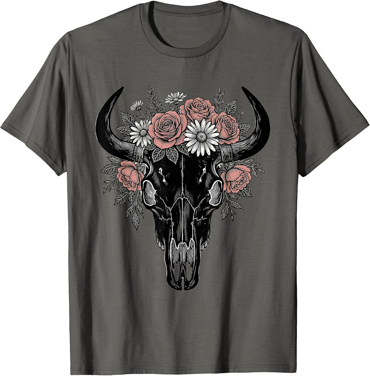 Men's Longhorn Skull Flower Crown Boho Western Graphic T-Shirt - Asphalt Grey