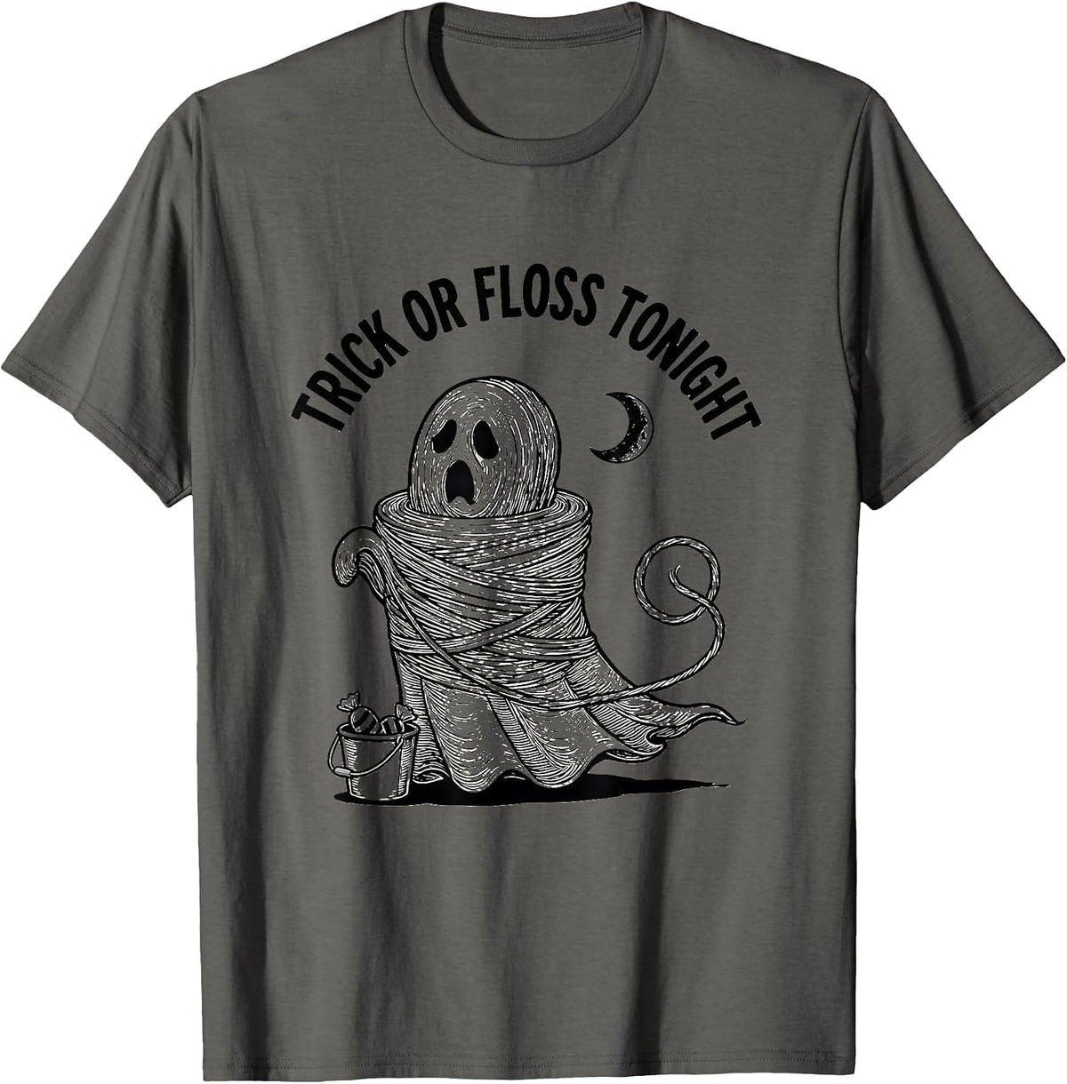 Trick Or Floss Tonight Line Art Halloween Dentist Costume T-Shirt - Asphalt Grey