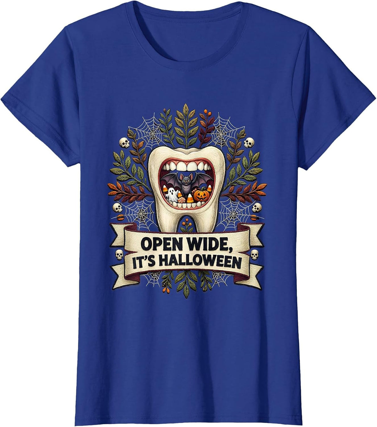 Women's Open Wide It's Halloween Dental Spooky Design T-Shirt - Royal Blue