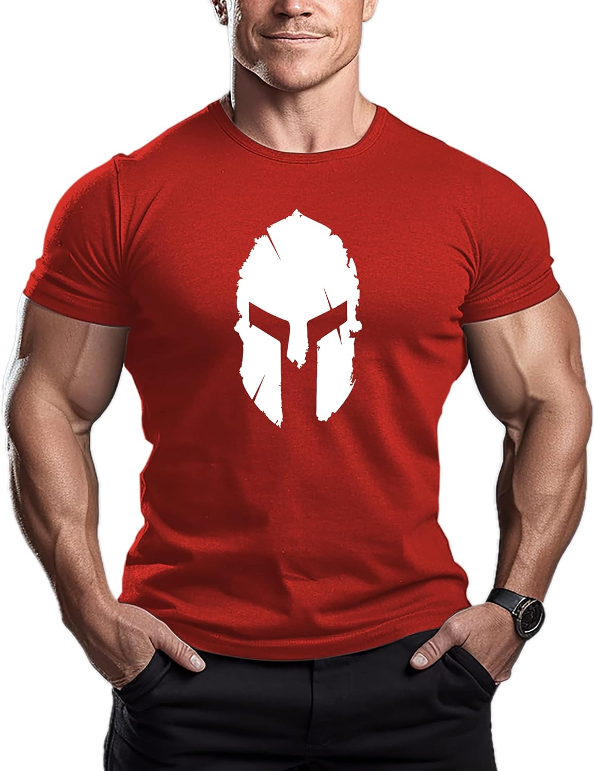 ReedCA Spartan Helmet - Mens Bodybuilding T-Shirt - Gym Training Top Fitness - Red