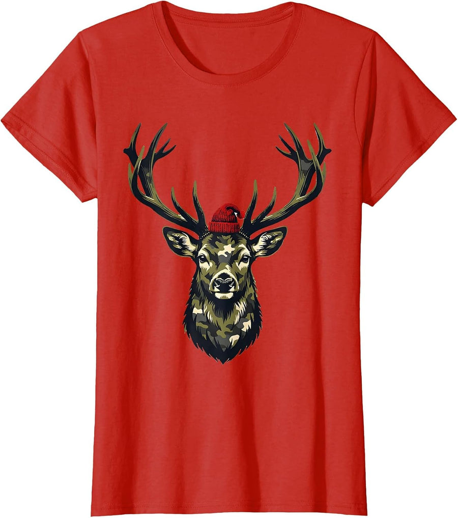 Women's Deer Head Camo Christmas Hunting Gift Party T-Shirt - Red