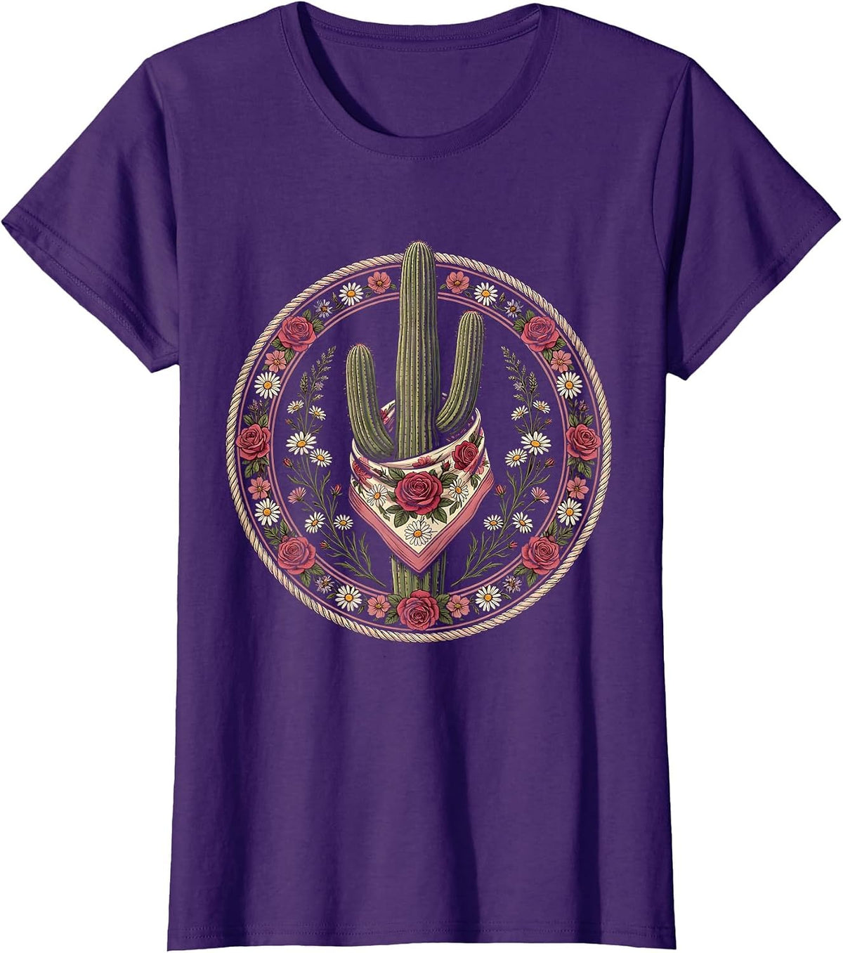 Women's Floral Bandana Cactus Western Desert Design T-Shirt - Purple