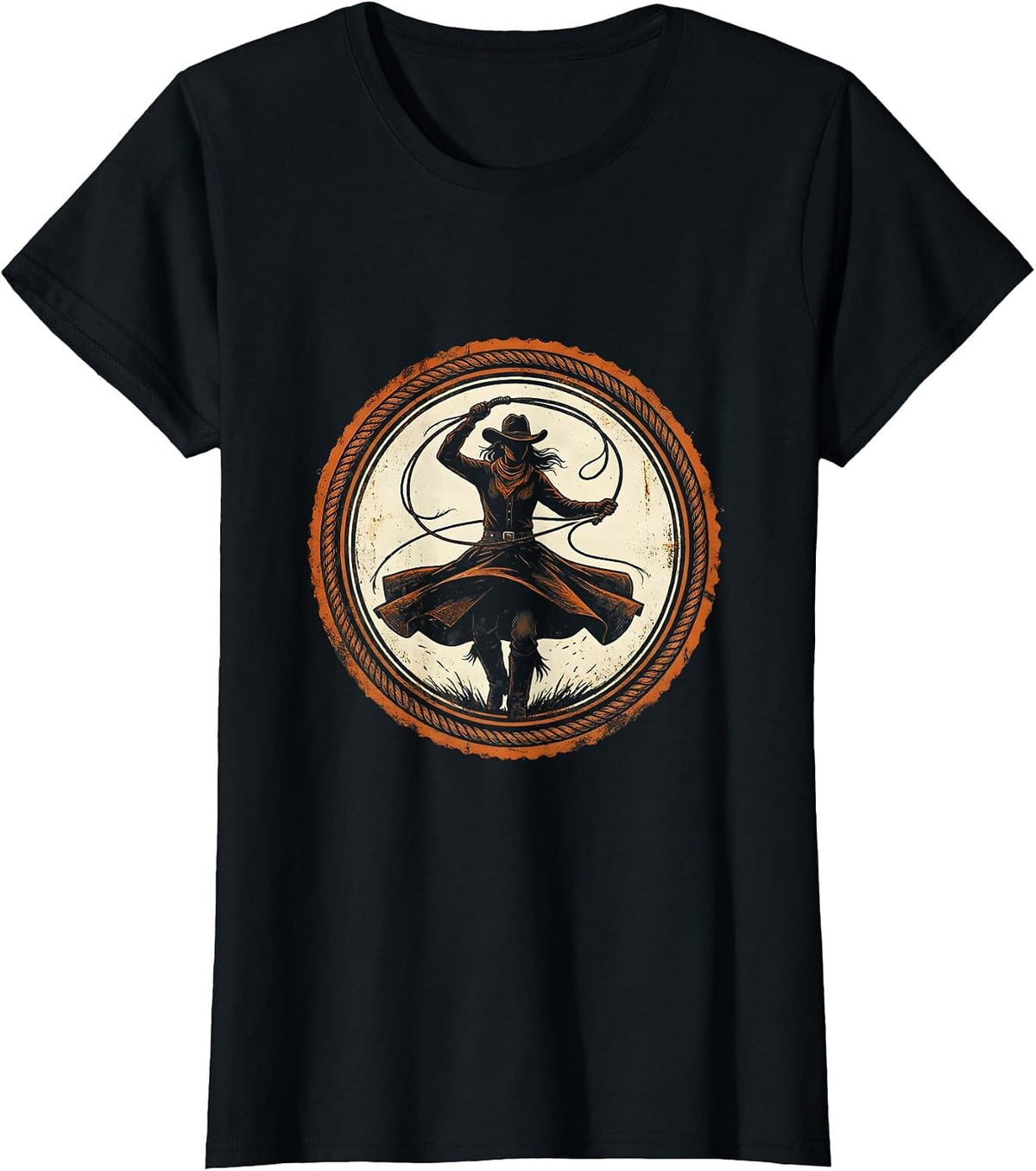 Women's Cowgirl Hat Lasso Twirl Western Rodeo Graphic T-Shirt - Black